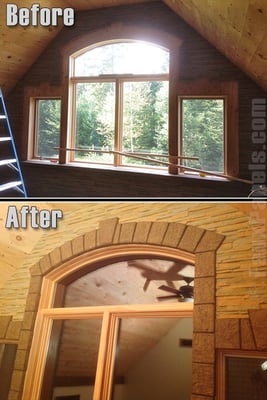 Before and after photo of faux keystone trim blocks added to a room's windows
