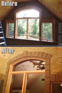 Faux stone siding panels and keystones shown before & after installation. Faux stone siding panels installed and keystone space framed.