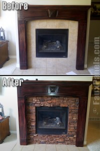 Creating a beautiful faux stone fireplace is as easy as choosing your favorite color scheme, ordering fire rated panels, and then using some glue and screw to finish the job.