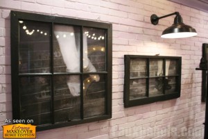 Faux white brick interior paneling with frames and hardware anchored by the wall surface beneath.