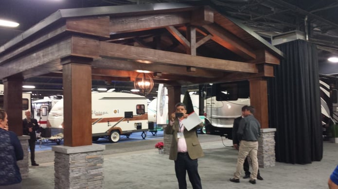 The Newmar Corporation's trade show booth made from heavy-duty aluminum framework and covered in faux wood and stone.