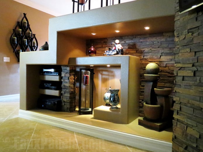 Closeup view of a fireplace adjacent shelving unit resurfaced with Wellington Drystack panels.