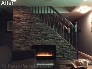 Basement fireplace surround built with rustic stacked stone panels.
