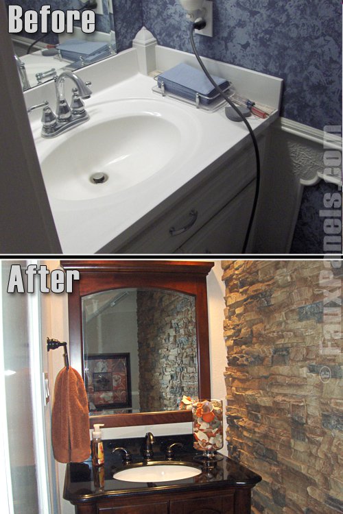 Bathroom makeover ideas are easy to realize with simulated stone panels.