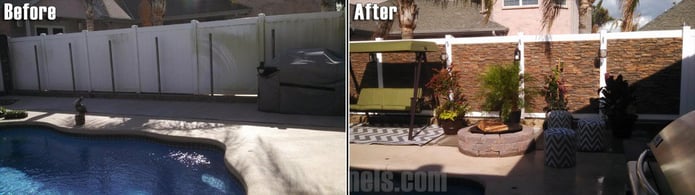 Before and after photo: poolside privacy fence remodeled with stacked stone panels.