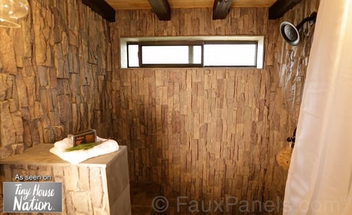 Shower wall paneling installed on Tiny House Nation, mitered to make the corners flush.