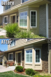 Before and after photo of a Florida home's makeover using faux panels as siding.