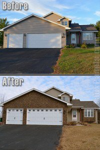 Before and after photo of a home sided with faux panels