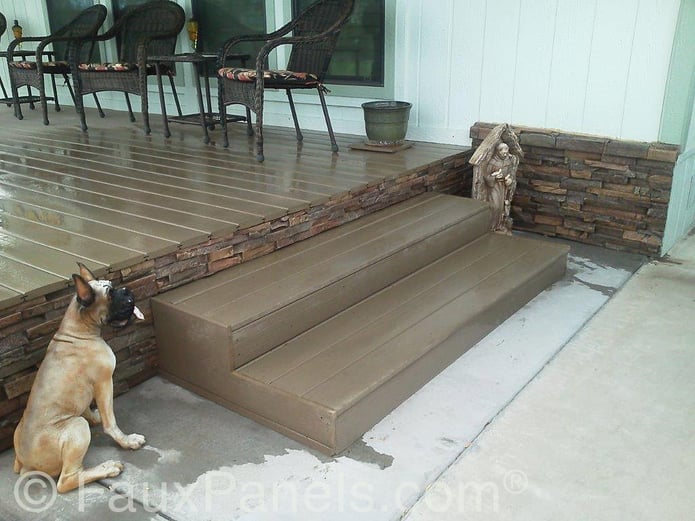 Faux stone siding lends a beautiful, realistic look to this deck gap area.