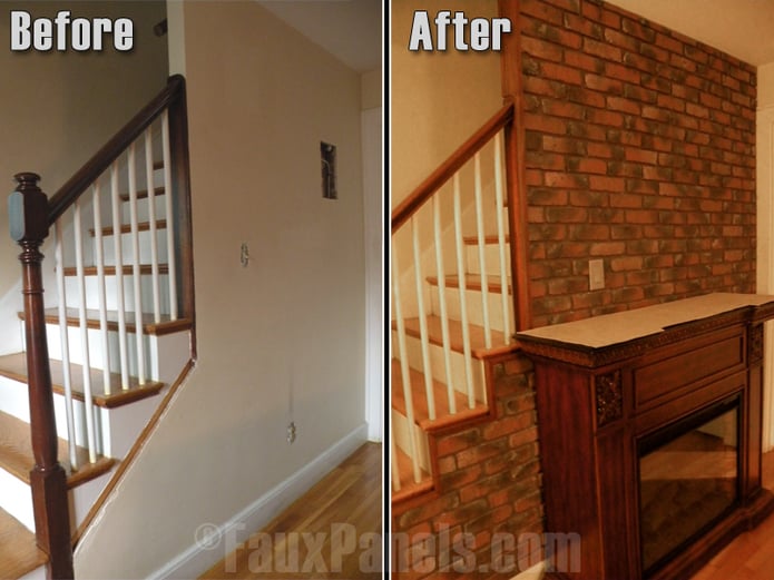Panels with the look of antique brick add rugged charm behind a living room's fireplace.