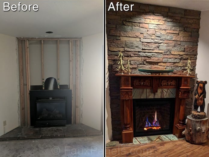 Before and after fireplace, Norwich Dakota Stonewall panels, in Earth color.