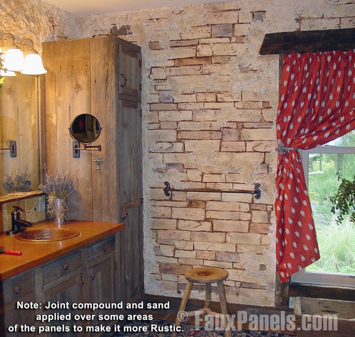 Sue's rustic decor ideas included sand and a joint compound on her faux stone panels in her bathroom.