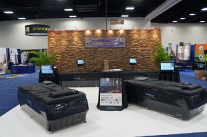 Gorgeous trade show booth design by Hydromassage company using dry stack stone panels.