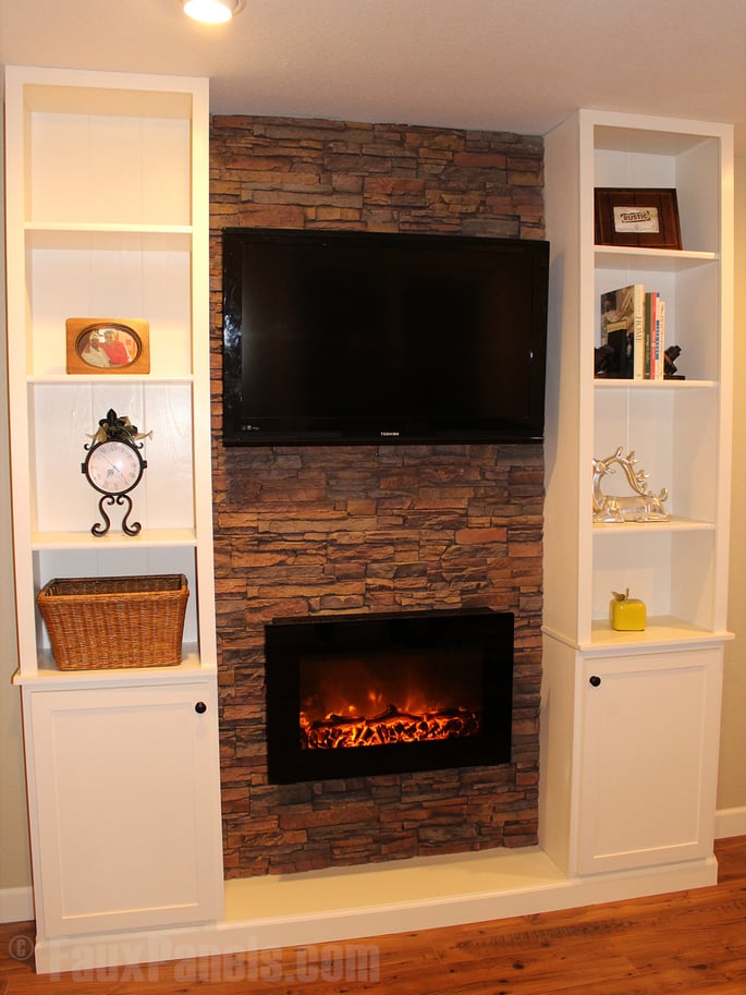 Stacked stone fireplace surrounds create a rustic and warm look.
