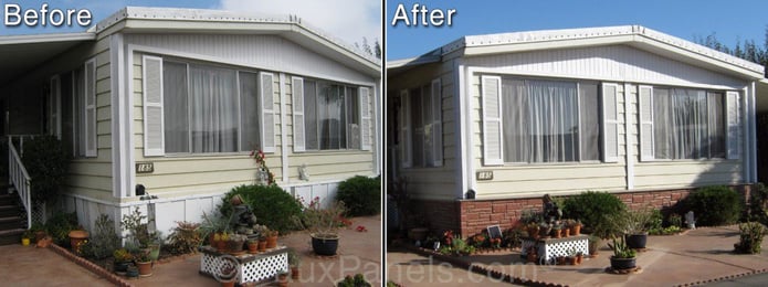 Before and after photo of mobile home remodeled with a new rock style foundation cover.
