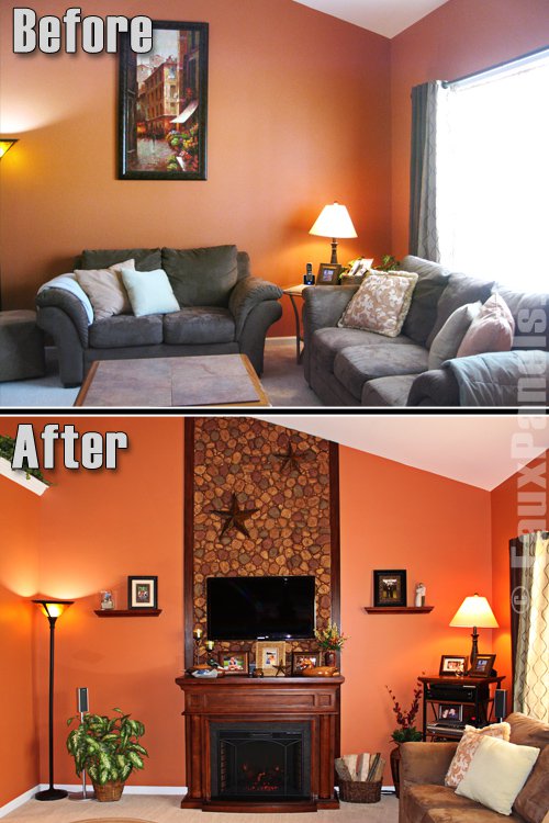 Living room fireplace before and after photo