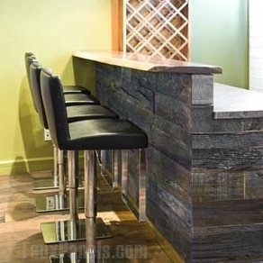 Barn board panels are a lovely accent for bar counters.