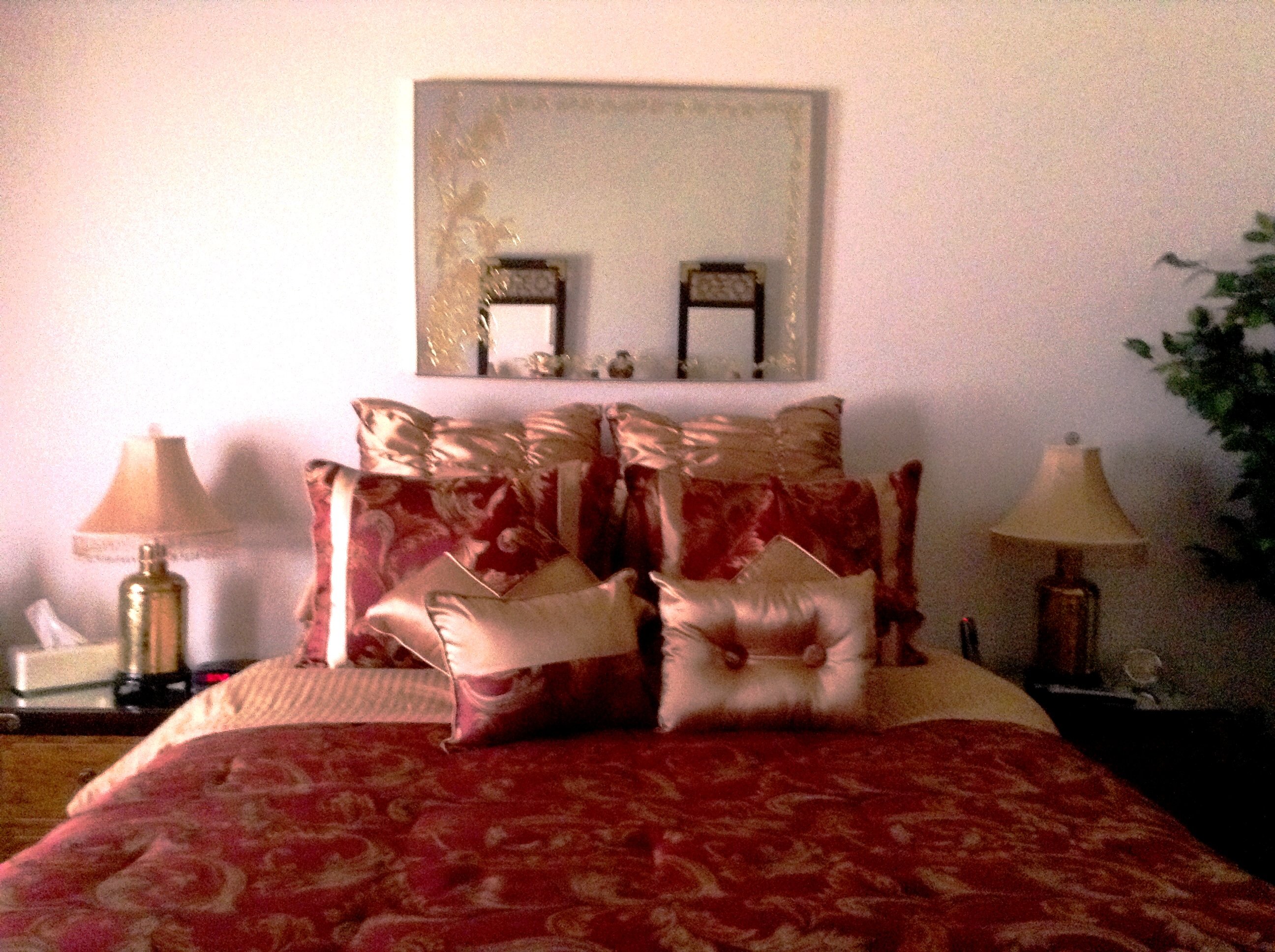 What Nina's bedroom looked like before she transformed it with stacked stone wall panels.