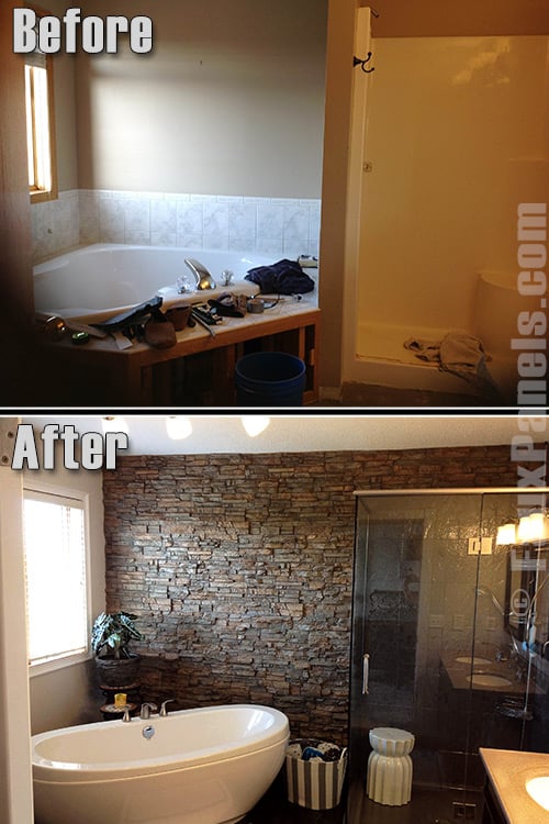 Artificial stone panels allow you to create dramatic bathroom makeover ideas.