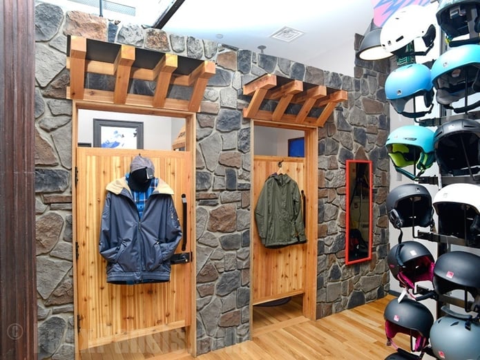 Faux Fieldstone panels in Smoke color fit the style of this ski store perfectly.