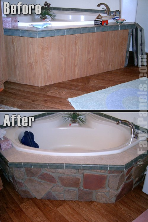 Actualize your bathroom makeover ideas with artificial stone panels for the bath tub.