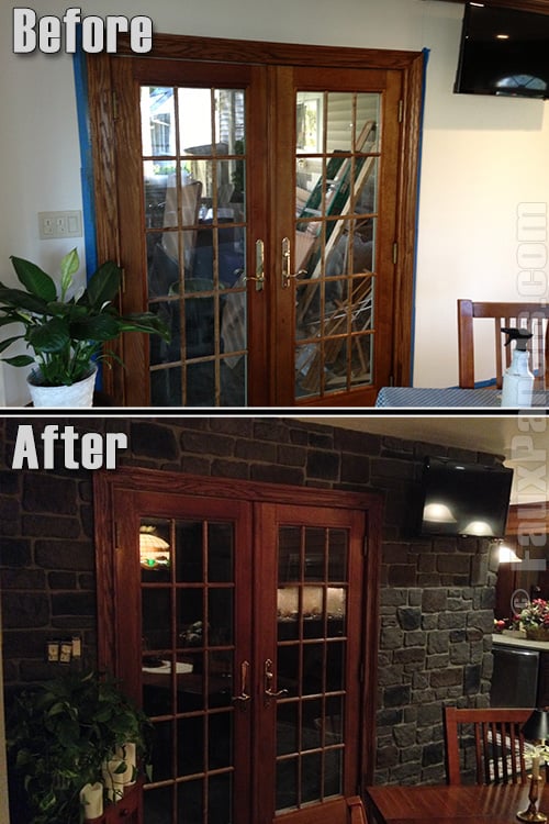 Before and after picture of kitchen wall remodel with Cobblestone panels.