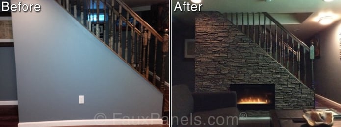 Before and after photo of basement fireplace remodeled with stacked stone panels