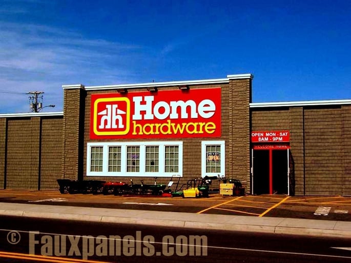 Novi Random Rock panels in Cedar blend give this hardware store enhanced appeal.