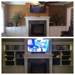 Faux wood panels provide an accent to this beautiful bookshelf This Before & After photo highlights how big of a difference artificial wood panels can make.