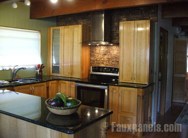 Stacked stone stove backsplash