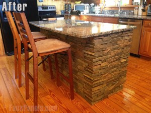 A completed faux stone kitchen island.