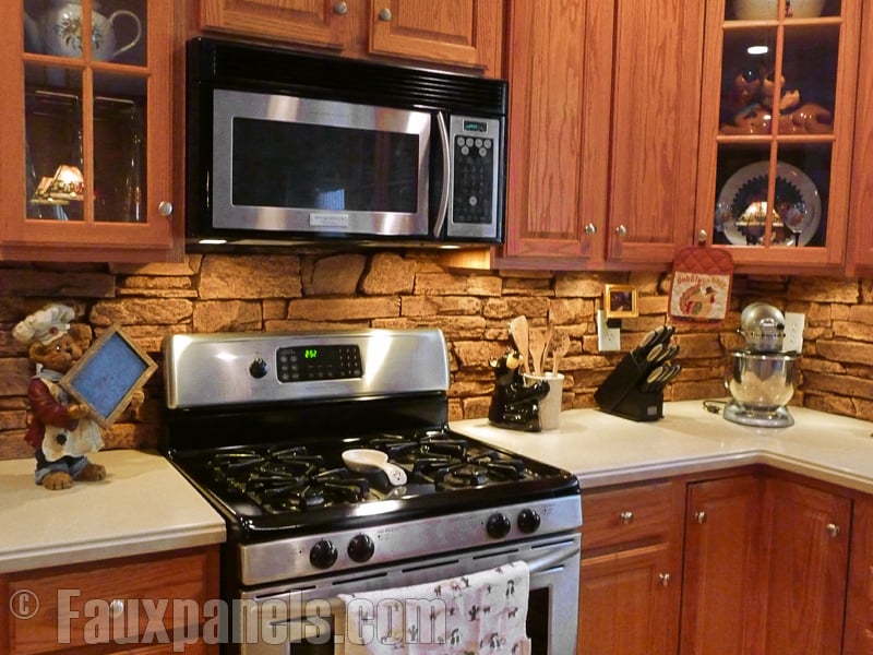 Ledgestone panels installed as a kitchen backsplash.