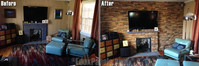 Before and after photo of family room fireplace and accent wall covered in drystack style panels.