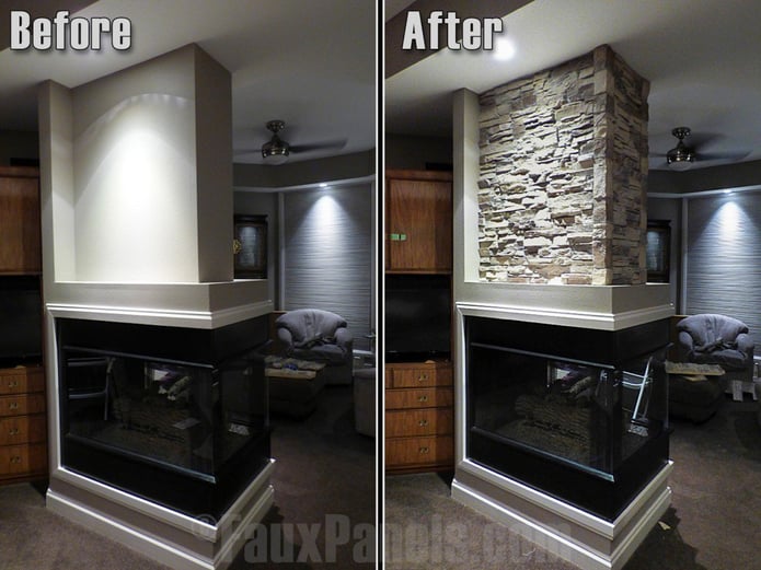 Before and after photo of corner fireplace wall covered in light gray stacked stone panels
