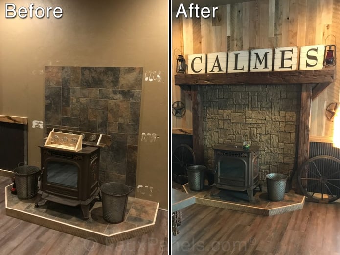 Before and after fireplace covered in Norwich Carolina Random Rock in Taffy Beige