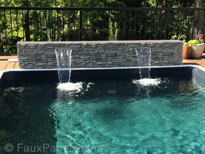 Pool fountain with Norwich Stacked Stone in Gray Rock