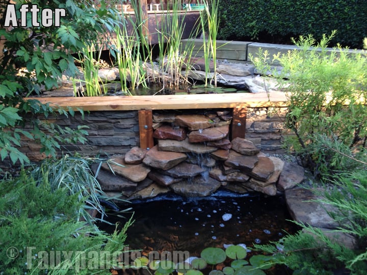 Backyard pond finished with stacked stone panels installed on the side planking.