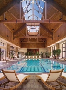 A beautiful vaulted ceiling design with Woodland beams and panels at the Ameristar Casinos swimming pool.
