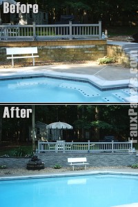Before and after photo of a poolside retaining wall refinished with faux panels.