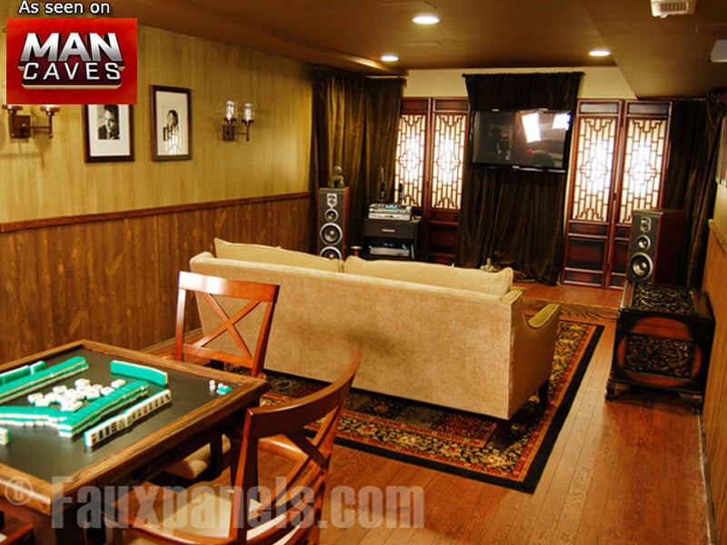 Our fake barnboard wall paneling is a perfect design element for this man cave.