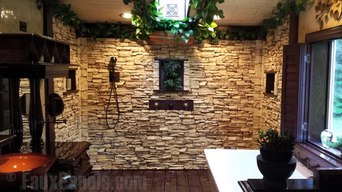 Shower walls covered in Norwich Stacked Stone in Rusty Tan