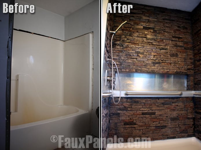 Bring your bathroom makeover ideas to life with fake stone panels for the shower.