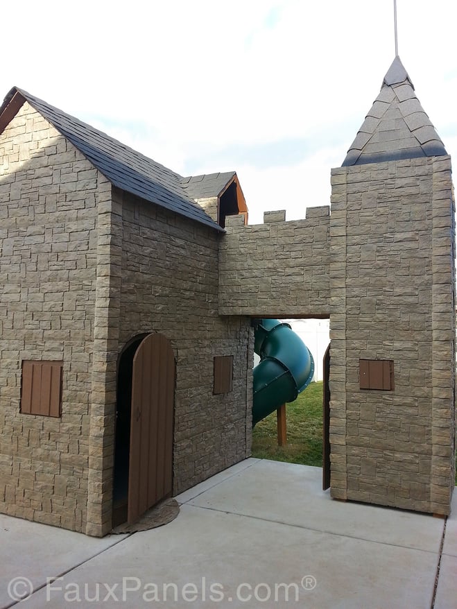 A unique DIY playhouse idea - castle-themed and sided with Stonewall panels in Mocha color.