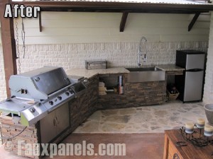 Complete outdoor patio kitchen with BBQ grill, counter space, sink and storage cabinets.