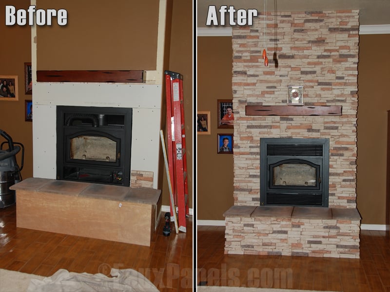 Faux drystack stone panels transform fireplace areas.