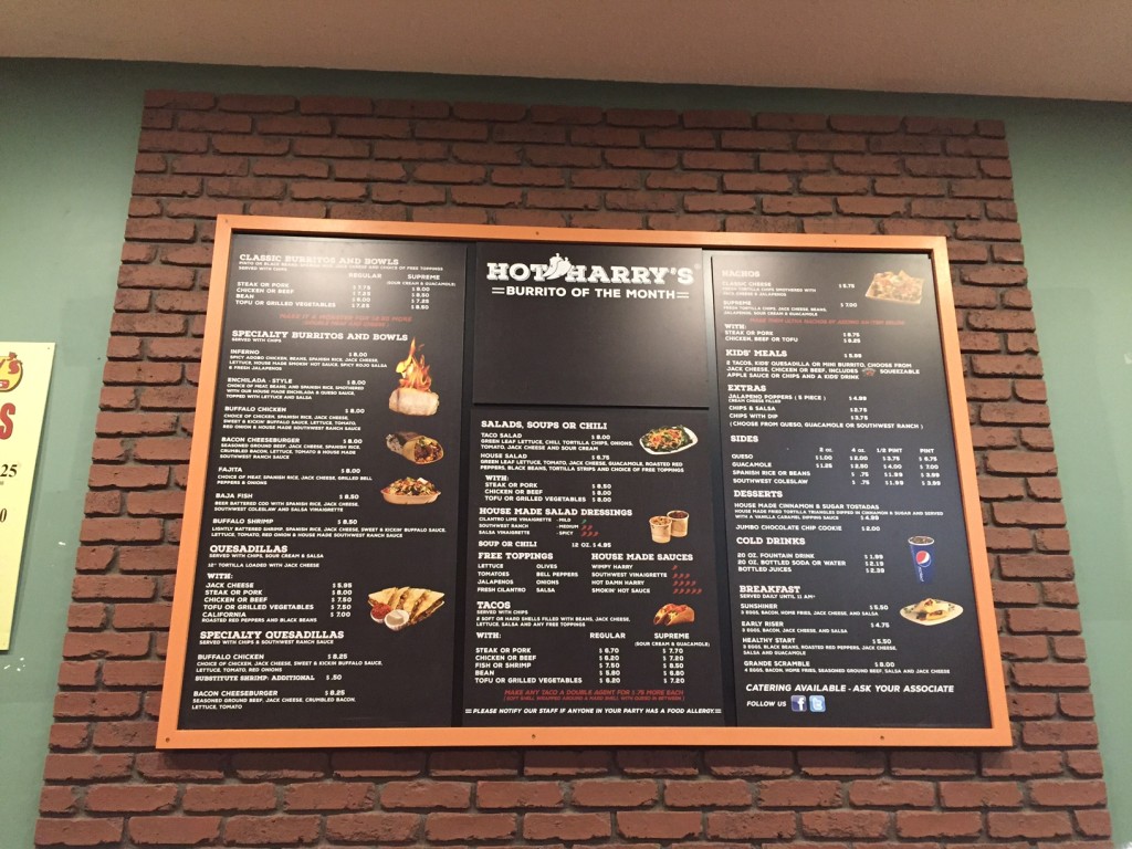Menu board design at Hot Harry's Burritos, backed by Regency Old Chicago Brick paneling.